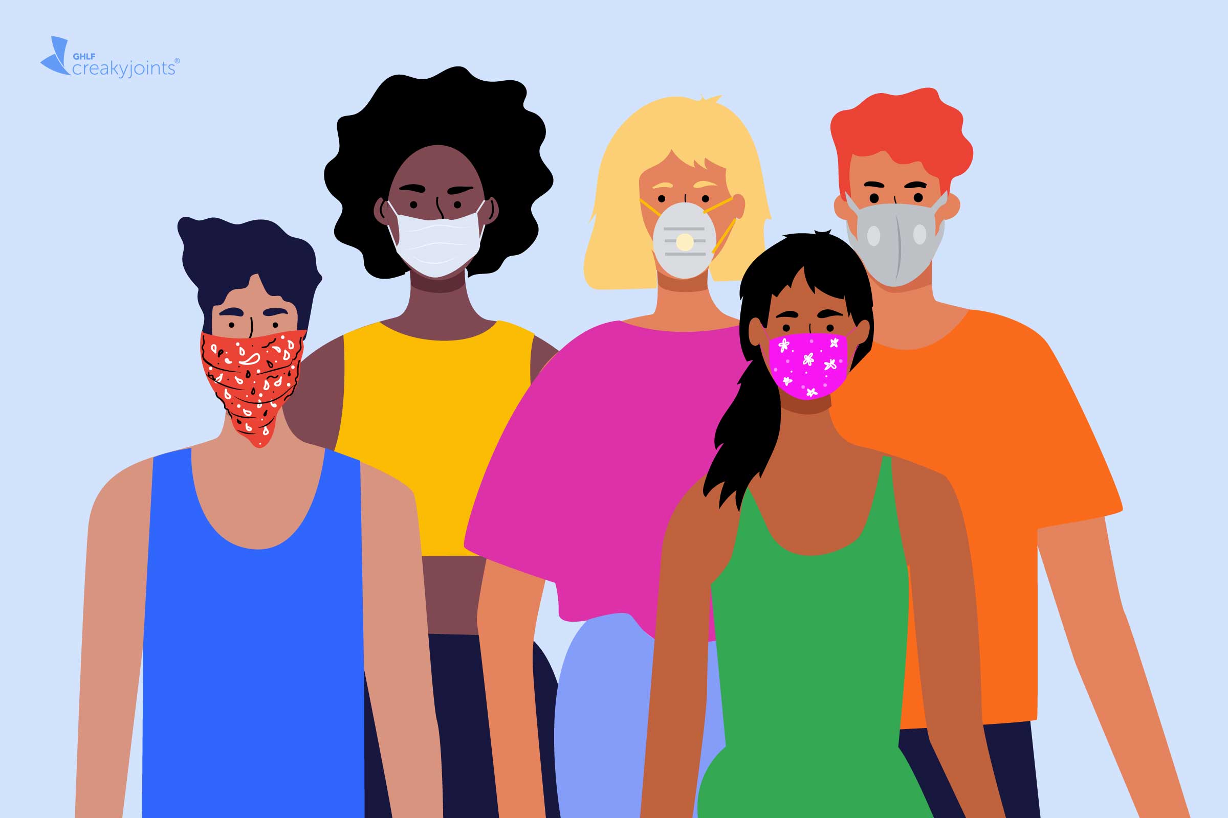 Cartoon image of a diverse group of people wearing different styles of face coverings