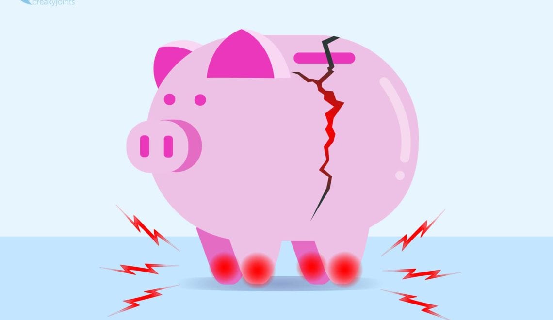 Cartoon of broken piggy bank with signs of joint pain