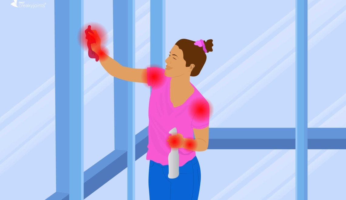 Cartoon of woman cleaning a window with visible joint pain