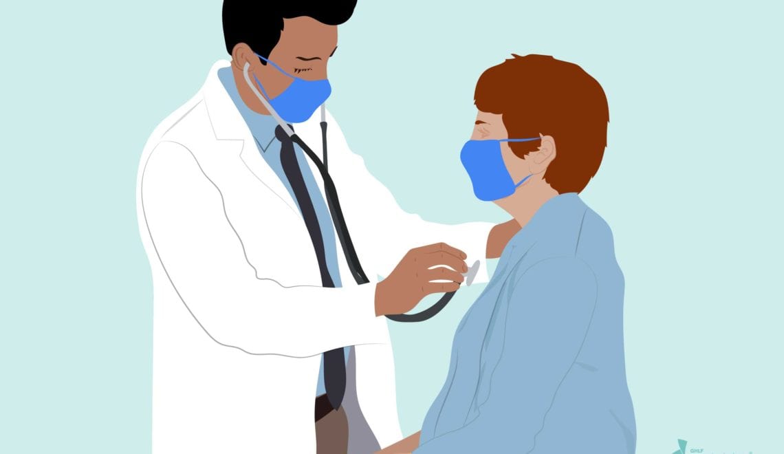 Cartoon image doctor takes patient's vitals while both wear face masks