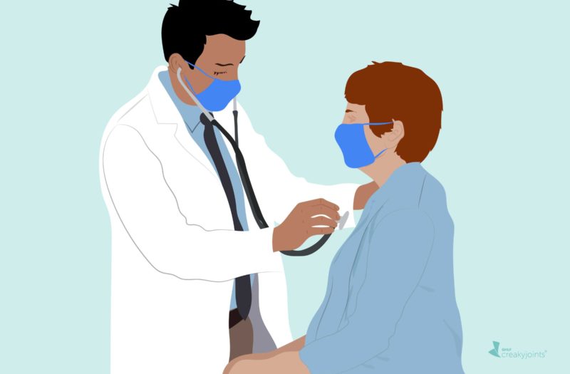 Cartoon image doctor takes patient's vitals while both wear face masks