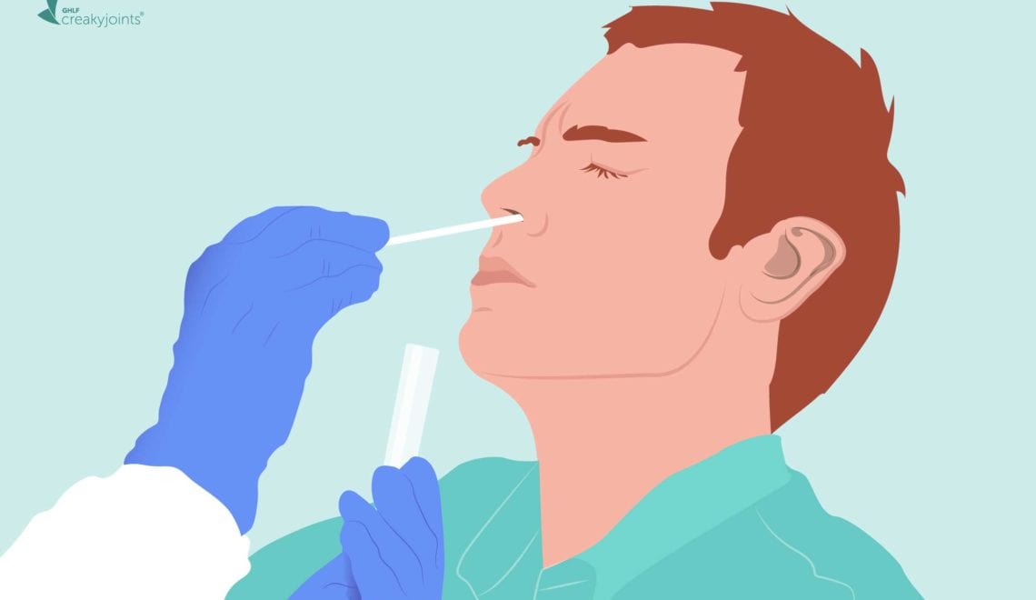 Cartoon of man taking nasal swab test