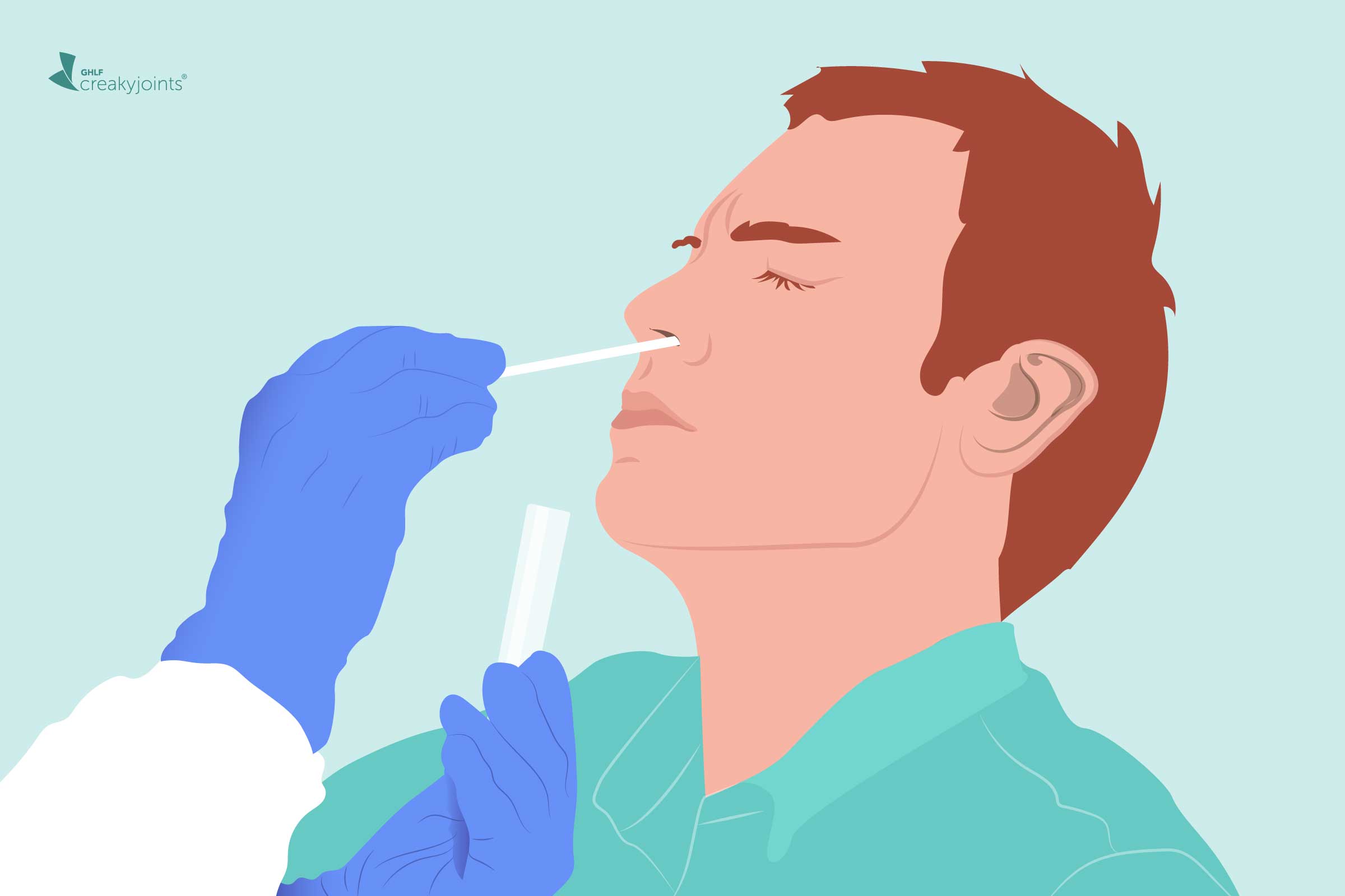Cartoon of man taking nasal swab test