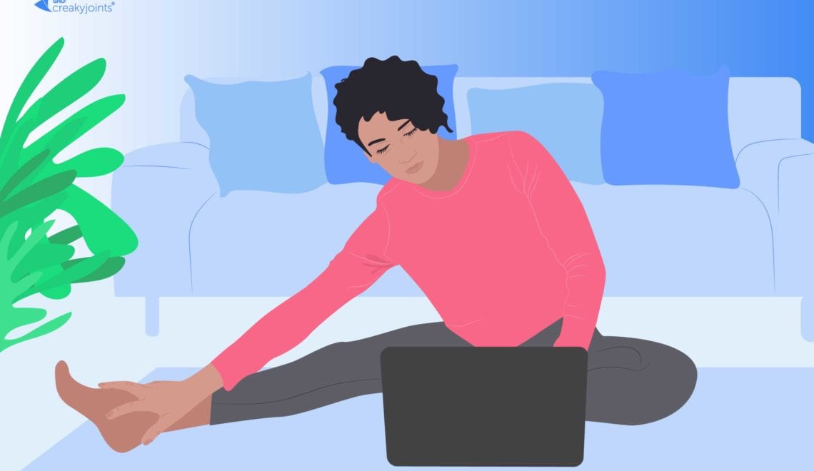 Illustration of a woman in her home stretching while using a laptop.