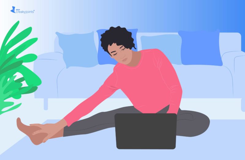 Illustration of a woman in her home stretching while using a laptop.