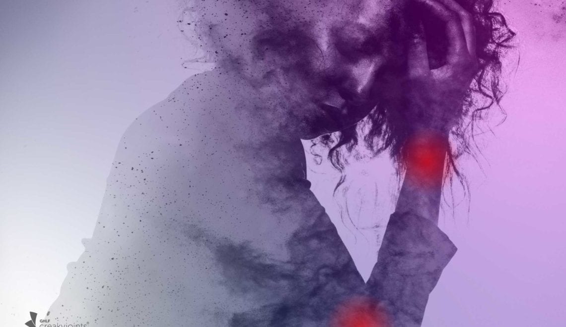 Painting shows the outline of a woman in pain holding her head. The image is hazy with a gray and purple scale. The woman has red spots on her wrists and elbows indicating joint pain. She looks exhausted