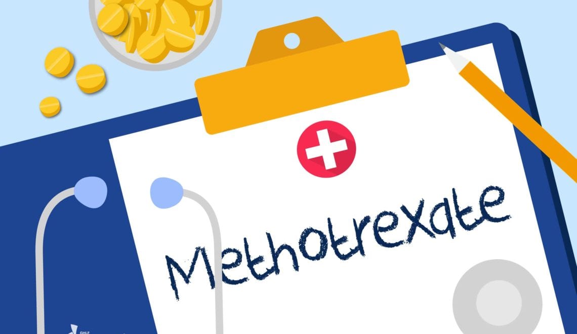 Image shows the word Methotrexate written on a clipboard with pills and a stethoscope