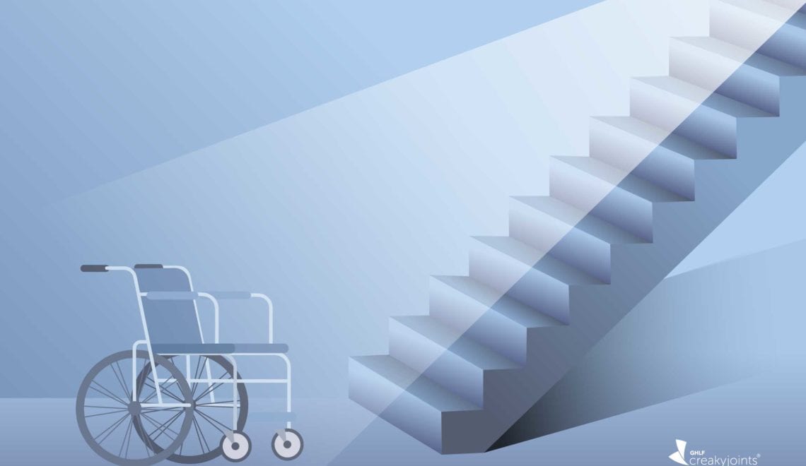 Cartoon shows a wheelchair at the foot of a staircase. At the top of the staircase there is light