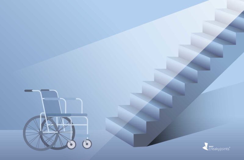 Cartoon shows a wheelchair at the foot of a staircase. At the top of the staircase there is light