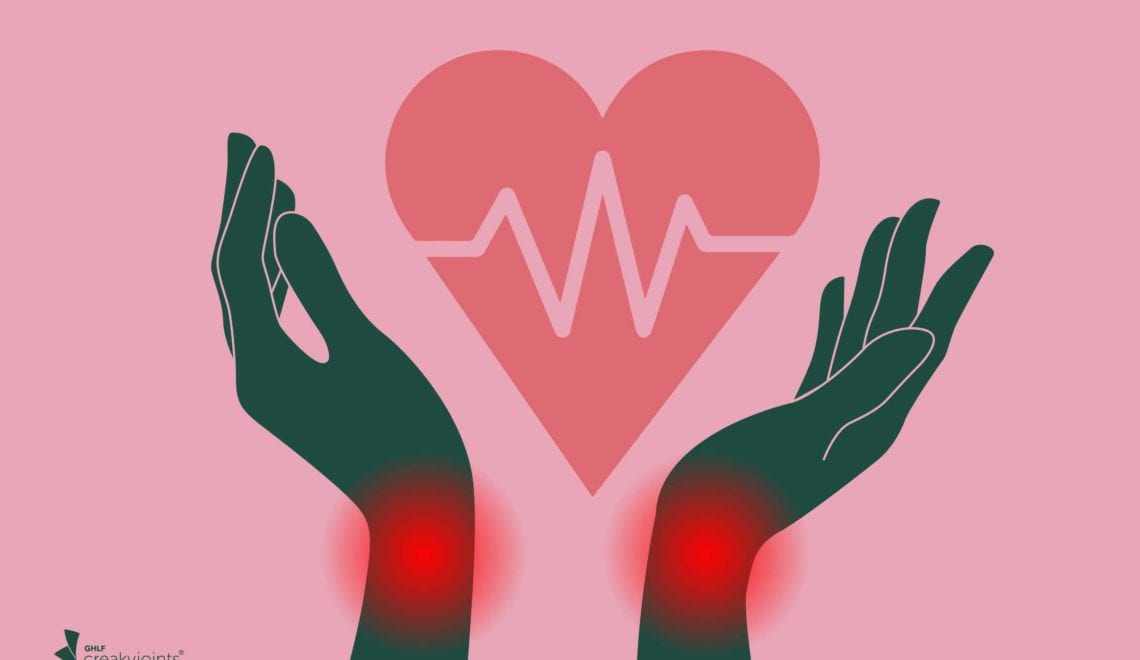 cartoon shows hands with wrist pain holding a cartoon heart with a heart monitor line