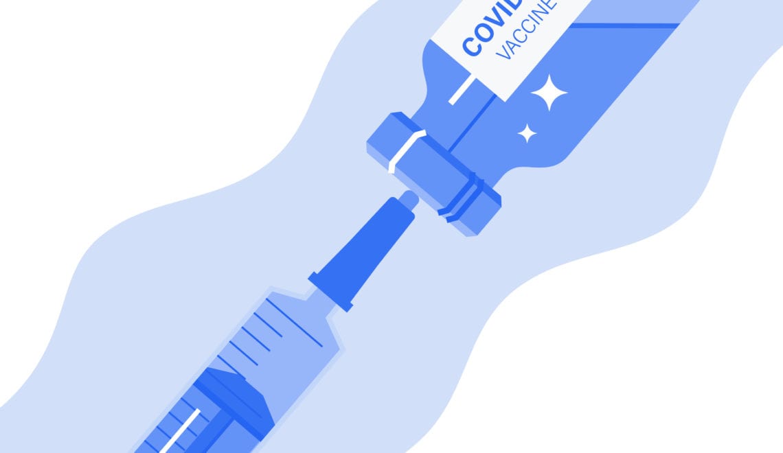 An illustration of a medical disposable syringe filled with the COVID-19 vaccine.