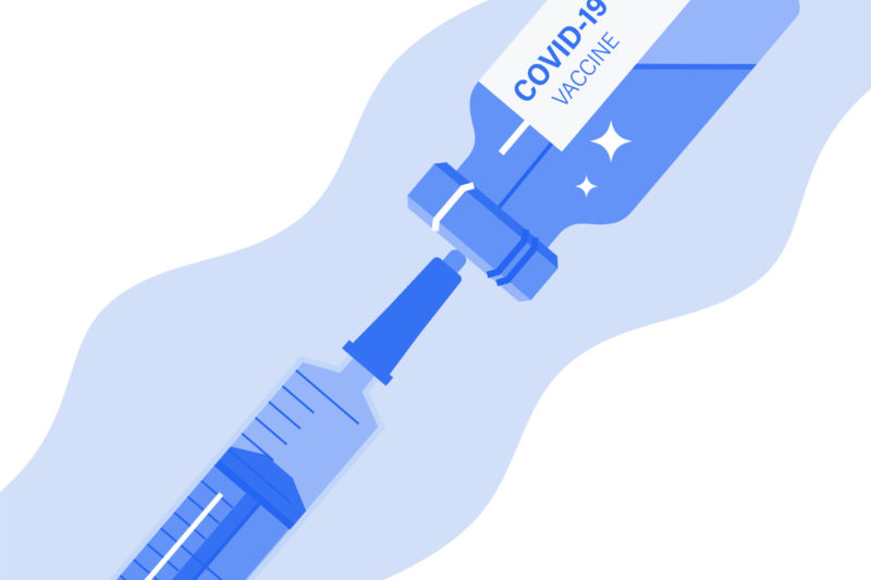 An illustration of a medical disposable syringe filled with the COVID-19 vaccine.