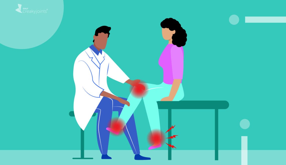 An illustration of a woman with gout, as indicated by red pain spots on her knees and ankles, visiting the doctor for a consultation.