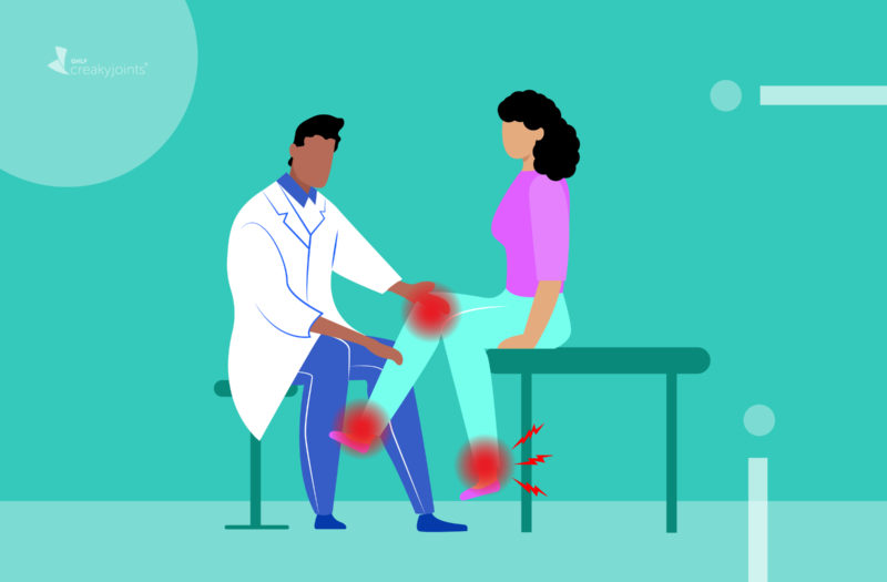 An illustration of a woman with gout, as indicated by red pain spots on her knees and ankles, visiting the doctor for a consultation.