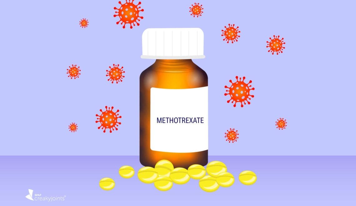 A bottle of methotrexate being "attacked" by the coronavirus.