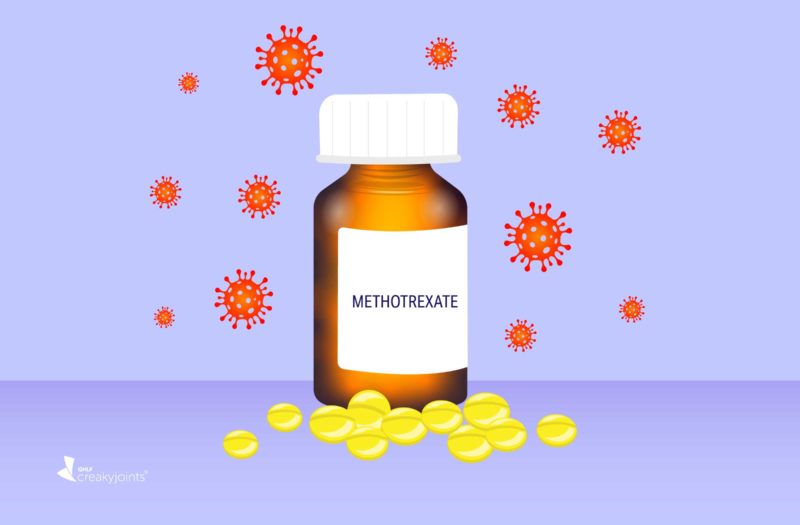 A bottle of methotrexate being "attacked" by the coronavirus.