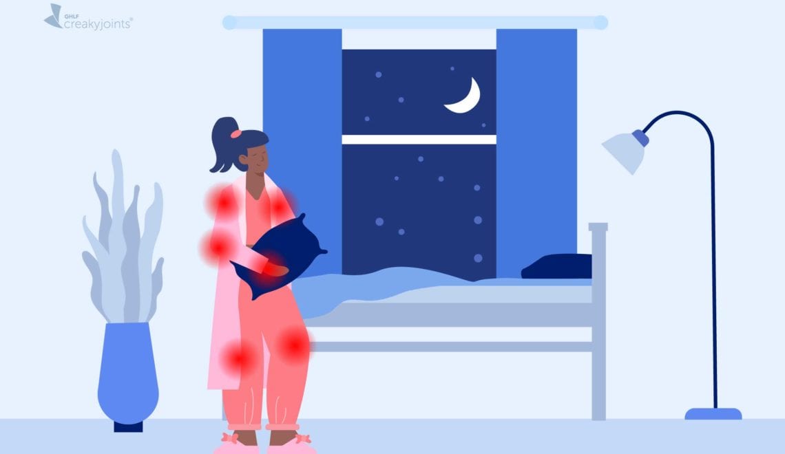 An illustration of person with arthritis, as indicated by red pain spots on their arms and legs, getting into a bed that is the right height (around hip height)