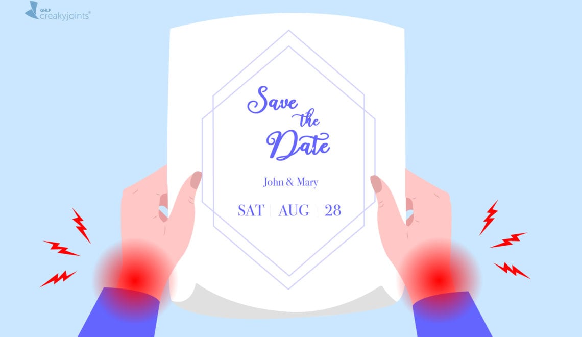 A person with rheumatic disease, as indicated by pain spots on their hands, holding a piece of paper that reads "Save the Date. John and Mary. SAT Aug 28."