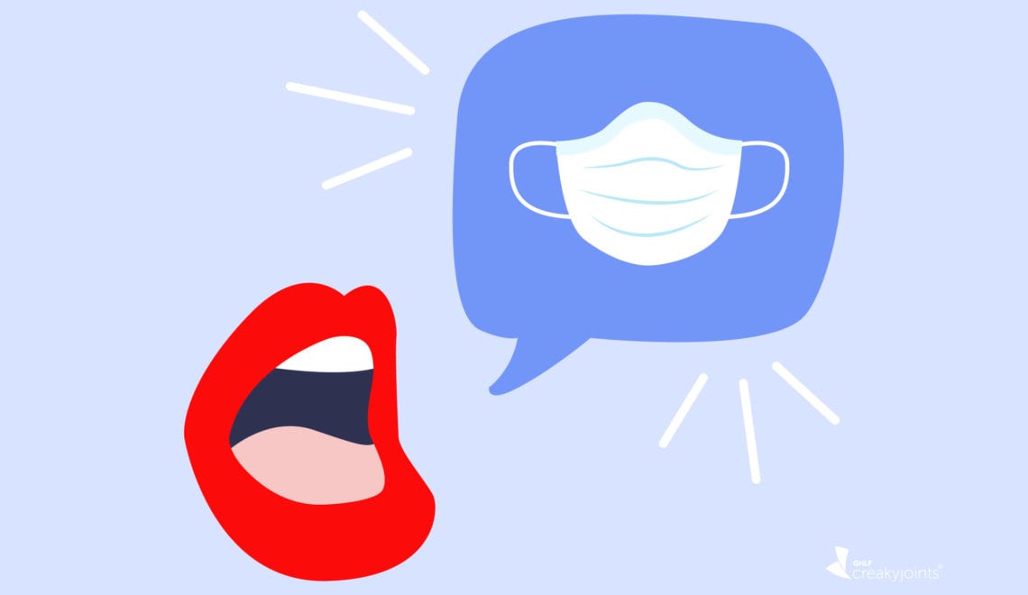 An illustration of a mouth. Near the mouth is a talk bubble with a mask drawn in it to represent someone talking about masks.