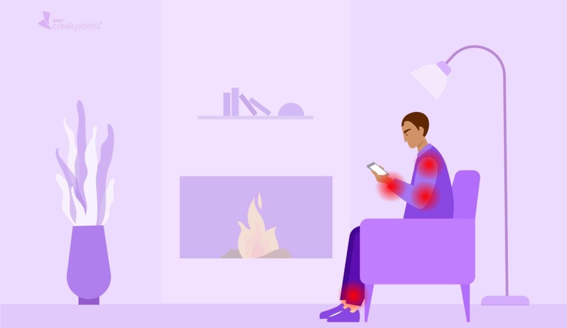 An illustration of a man with rheumatoid arthritis, as evident by red pain spots on his arms and legs. the man is sitting in a purple chair in a living room, hunched over and texting on his phone.