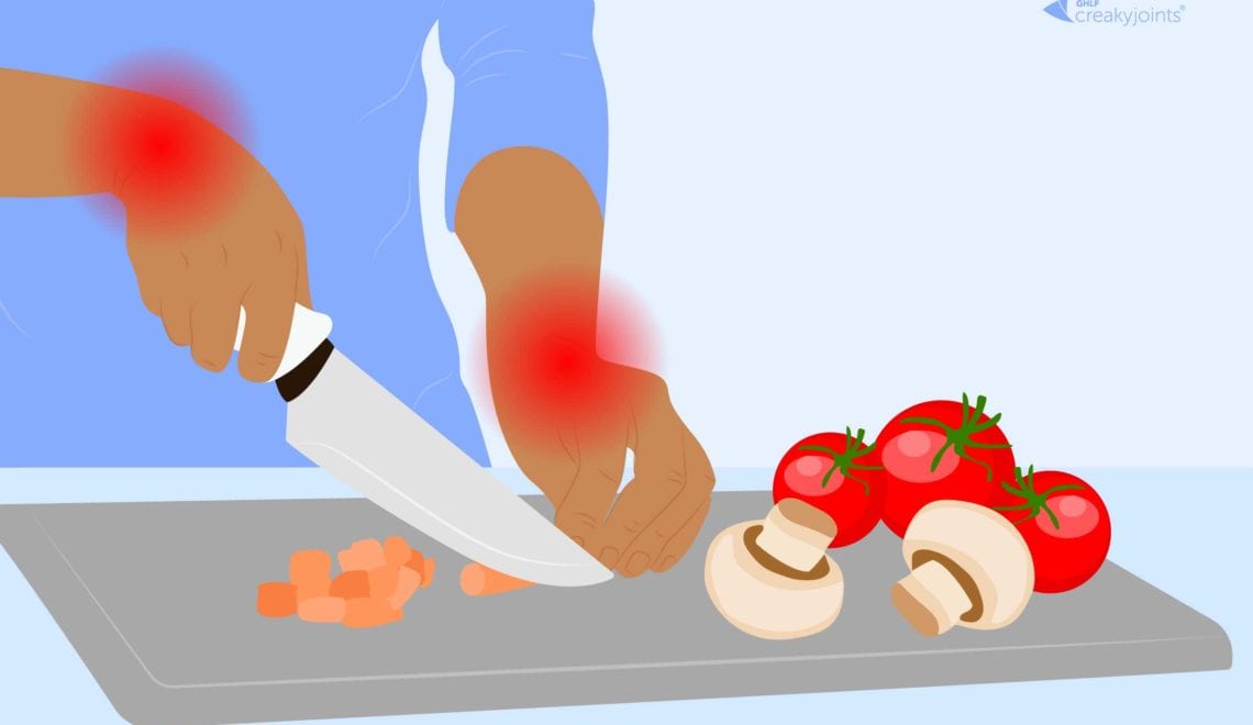 An illustration of a hand inflicted with arthritis, as indicated by red pain spots on the wrist and fingers, chopping vegetables at a counter with a towel wrapped around the handle of the knife.