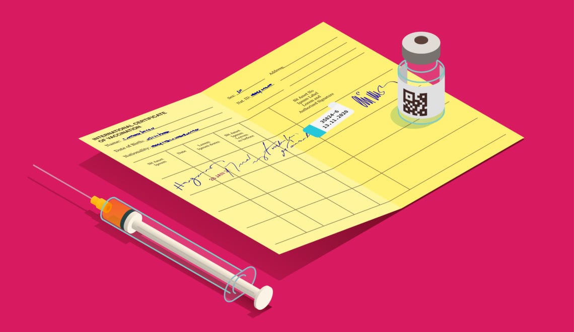 A COVID-19 syringe rests aside a COVID-19 vaccination card. On top of the card is a vial of the COVID-19 vaccine.