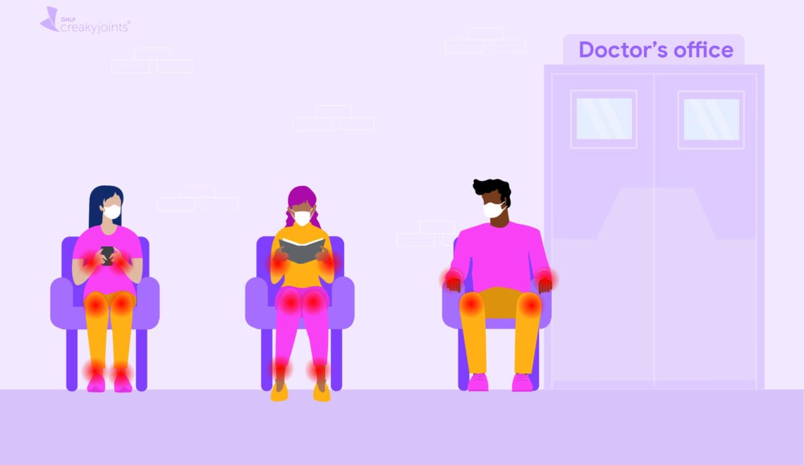 An illustration of a three people waiting in a doctor’s office. All of the people are wearing masks and social distancing, as indicated by them sitting every other chair. All of the people have arthritis, as indicated by red pain spots on their arms and legs.