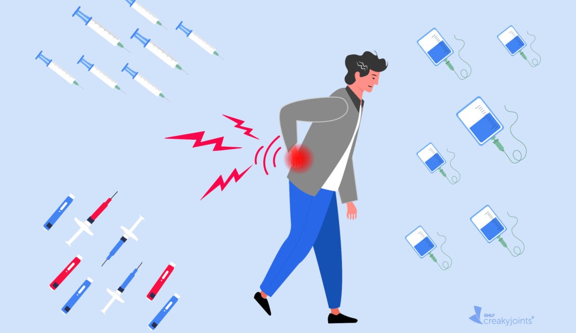 A person with axial spondyloarthritis, as indicated by red pain sports on the spine/back pain, is placed i a light blue background Surrounding the person are various forms of TNF inhibitor biologics, including injections and infusions.