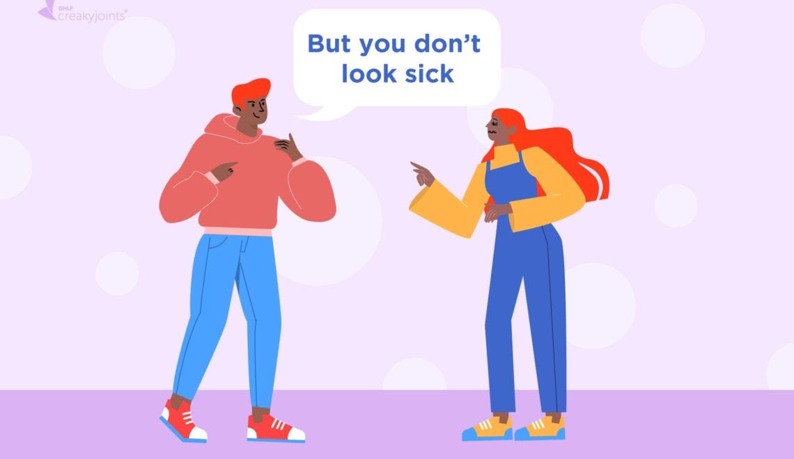 An illustration of two people having a conversation. One person has a speech bubble saying “But you don’t look sick.” The other person looks disheartened.