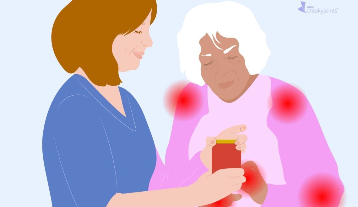 An illustration of an occupational therapist (a woman wearing blue scrubs) teaching a person with psoriatic arthritis (as indicated by red pain spots on their hand and arm) how to better open a jar.