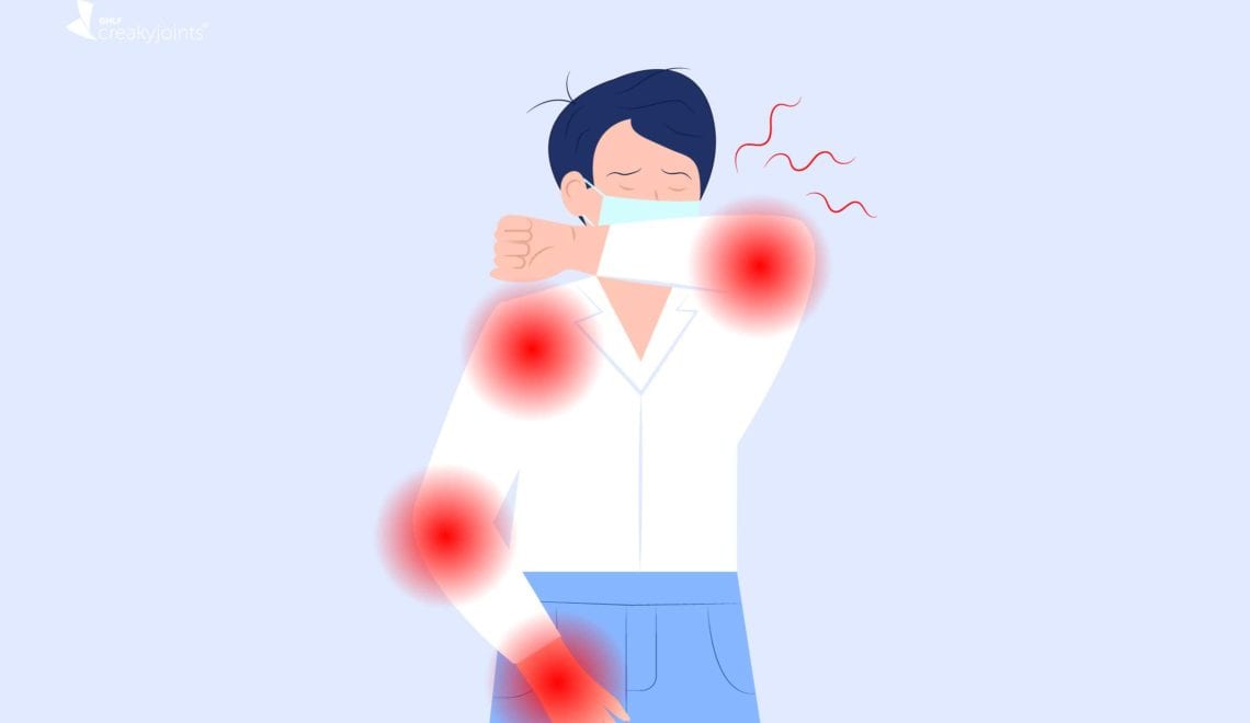 An illustration of a man with arthritis, as indicated by red pain spots on the hand and arms, wearing a mask and coughing into their arm.