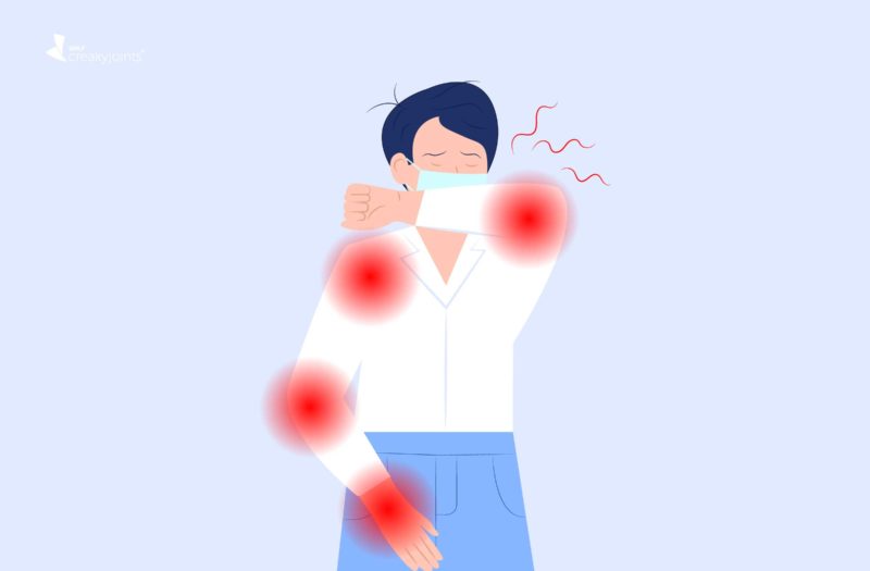 An illustration of a man with arthritis, as indicated by red pain spots on the hand and arms, wearing a mask and coughing into their arm.