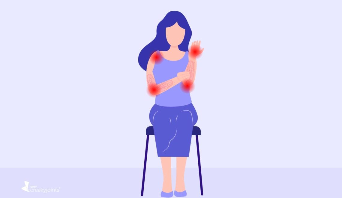 An illustration of a person with psoriatic arthritis, as evident by pain spots/skin plaques on the arms and hands, sitting on a chair scratching at skin plaques.