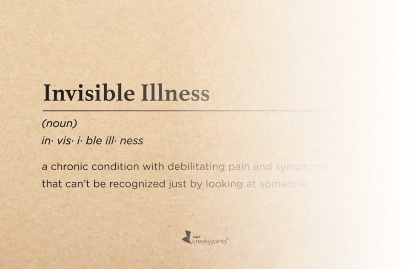 A graphic with the definition of an invisible illness. It reads: invisible illness (bold and in a larger font) (noun) in· vis· i· ble ill· ness (italicized) a chronic condition with debilitating pain and symptoms that can’t be recognized just by looking at someone