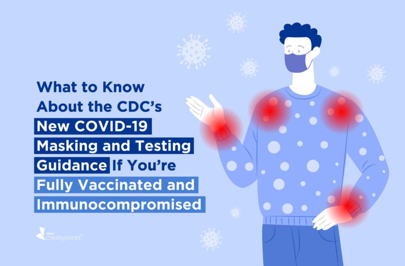 An illustration of an immunocompromised, as evident by red pain spots on their limbs, wearing a mask. On the image it reads: What to Know About the CDC’s New COVID-19 Masking and Testing Guidance If You’re Fully Vaccinated and Immunocompromised