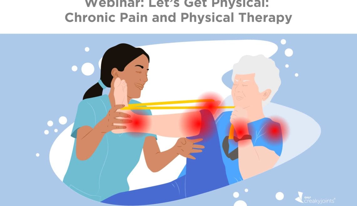 An illustration of a woman with arthritis and pain in the shoulders, wrists, and knees receiving treatment from a physical therapist. The text reads "Webinar: Let's Get Physical: Chronic Pain and Physical Therapy"