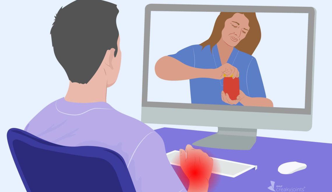 An illustration of a person with arthritis, as indicated by red pain spots on their arms and hands, meeting with an occupational therapist over the computer. The occupational therapist is wearing scrubs and holding a jar to demonstrate the best way to open a jar when you have arthritis.