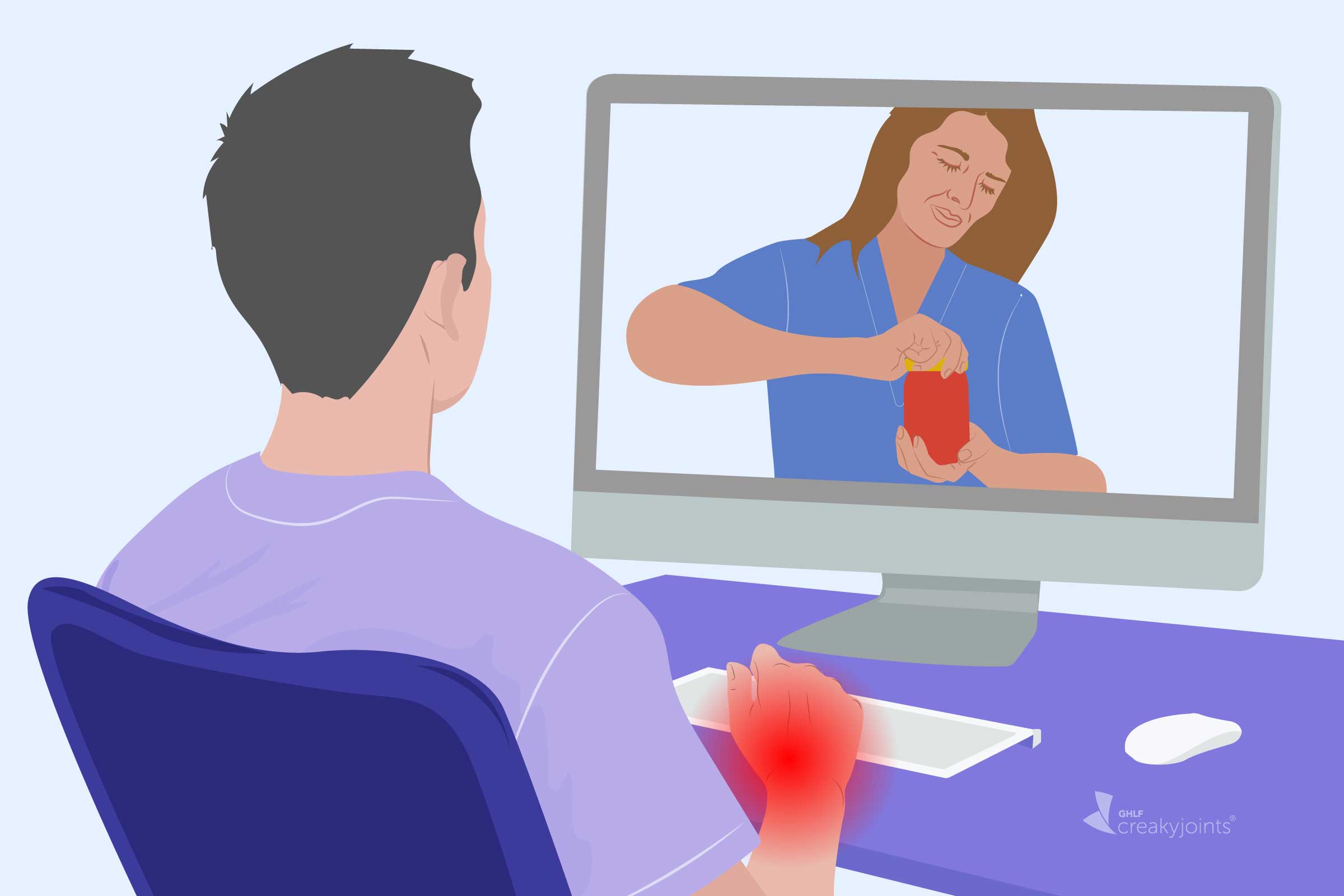 An illustration of a person with arthritis, as indicated by red pain spots on their arms and hands, meeting with an occupational therapist over the computer. The occupational therapist is wearing scrubs and holding a jar to demonstrate the best way to open a jar when you have arthritis.