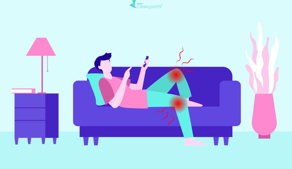 An illustration of a person with osteoarthritis, as evident by red pain spots on the knee, laying on the couch.