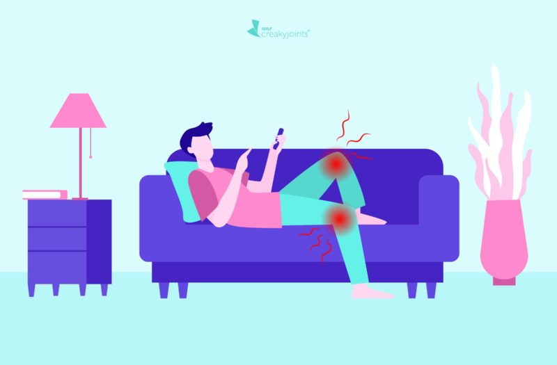 An illustration of a person with osteoarthritis, as evident by red pain spots on the knee, laying on the couch.