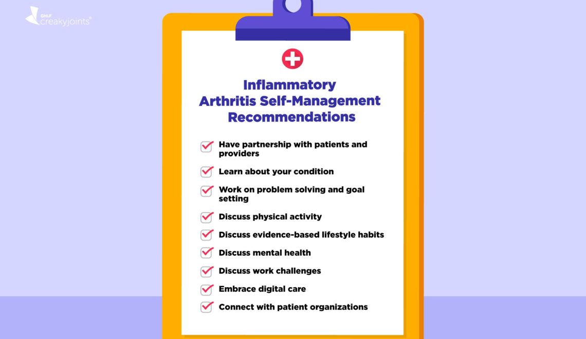 Illustration of a piece of paper on a clipboard, which is on a purple background. On top of the paper, centered in purple font, are the words "Inflammatory Arthritis Self-Management Recommendations." Under that is a list, indicated by checked boxes. The list includes the following: Have partnership with patients and providers Learn about your condition Work on problem solving and goal setting Discuss physical activity Discuss evidence-based lifestyle habits Discuss mental health Discuss work challenges Embrace digital care Connect with patient organizations