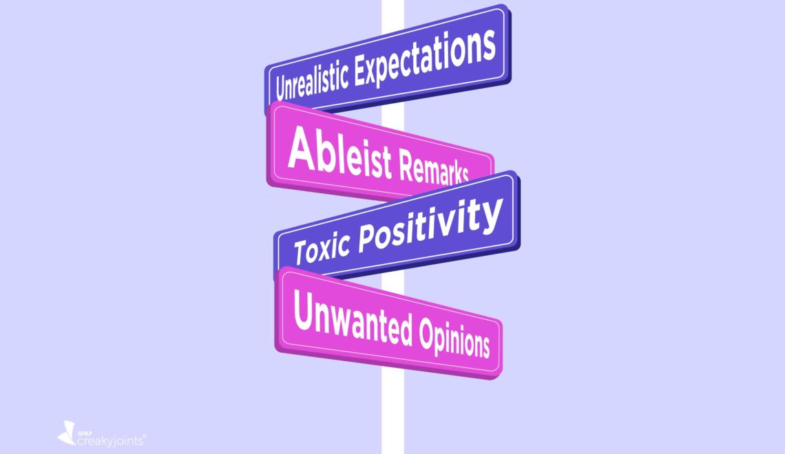 An illustration of a pole with four signs pointing in different directions. The top sign says "Unrealistic Expectations." The second sign says "Ableist Remarks." The third sign says "Toxic Positivity." The fourth (bottom) sign says "Unwanted Opinions."