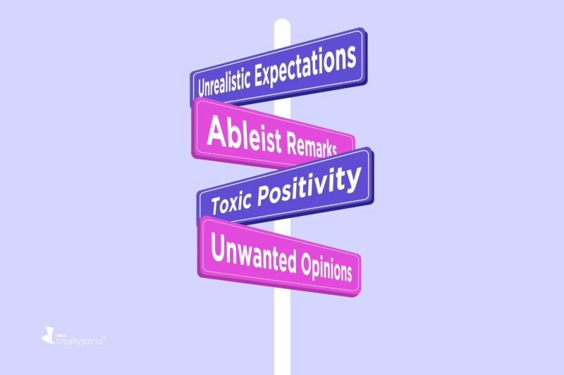 An illustration of a pole with four signs pointing in different directions. The top sign says "Unrealistic Expectations." The second sign says "Ableist Remarks." The third sign says "Toxic Positivity." The fourth (bottom) sign says "Unwanted Opinions."