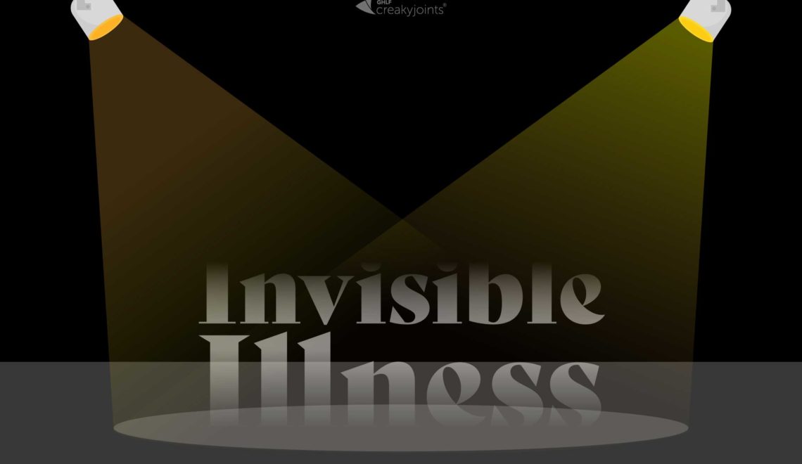 An illustration of the words "Invisible Illness" set on a stage of sorts and under a spotlight. The words "Invisible Illness" are slightly faded, to represent the invisibility.