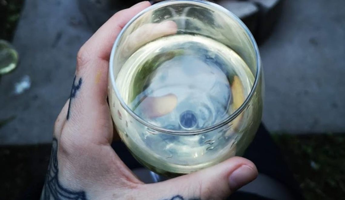 A photo of a hand holding a glass of white wine.