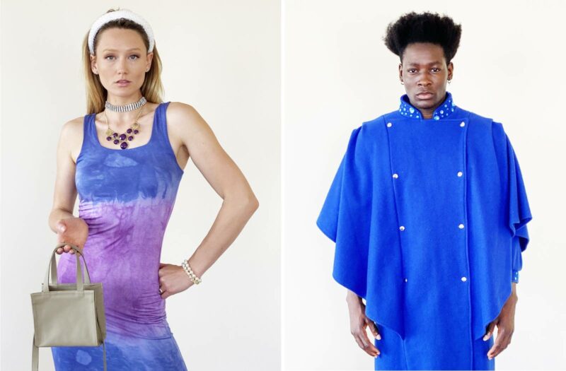 Two photos of models showcasing the designs from Michael Keluva's Tumbler and Tipsy by Michael Kuluva 2022 Collection. On the left is a woman wearing a tight fitted dress that is dyed purple and blue. On the right is a man wearing a blue cape-like coat.