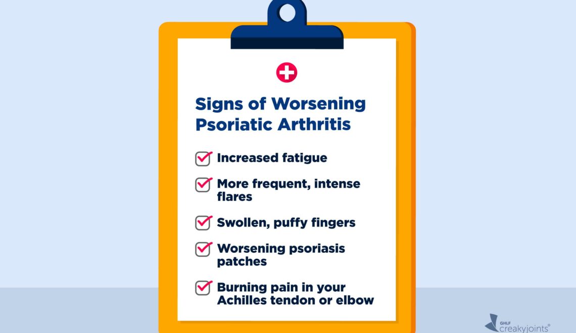 A illustration of a checklist on a clipboard. At the top is written: Signs of Worsening Psoriatic Arthritis Below that are five signs written as a list, which include: Increased fatigue More frequent, intense flares Swollen, puffy fingers Worsening psoriasis patches Burning pain in your Achilles tendon or elbow