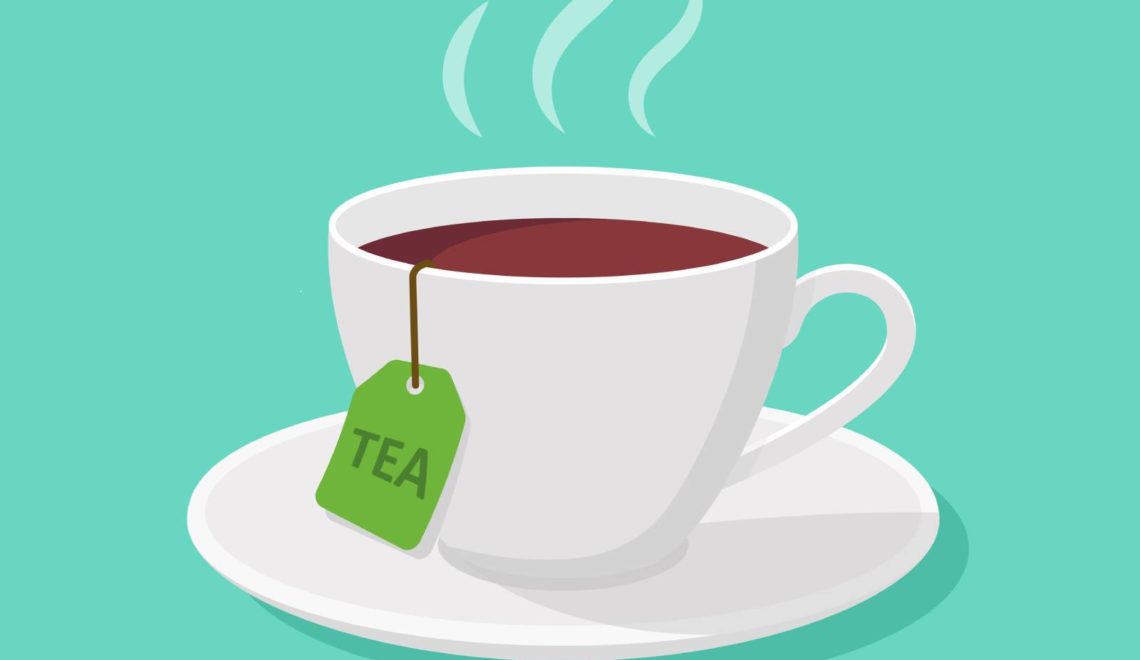 An illustration of a white cup of tea sitting on a teal background.