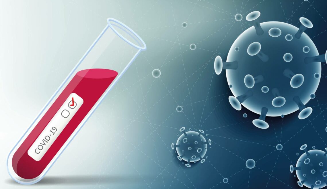 An illustration of a coronavirus test tube surrounded by coronavirus germs.