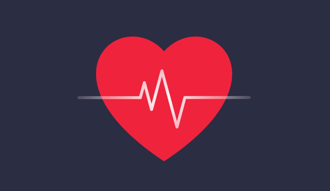 Red heart shape and heartbeat symbol, cardiogram, health care concept. Blue background.